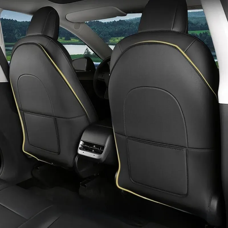 Autostoelbeschermer voor Tesla Model Y Model 3-zits rugleuning Beschermende kinder anti-kickmatten Zwart lederen interieuraccessoires - afbeelding 2