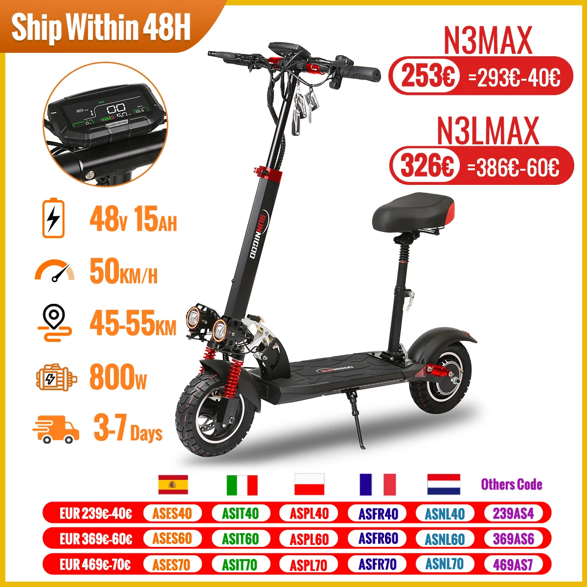 800W Powerful Electric Scooter 48V 15Ah Max Speed 50km/h 50km Range 10'' Tires Dual Shock Absorbing Folding EScooter for Adults