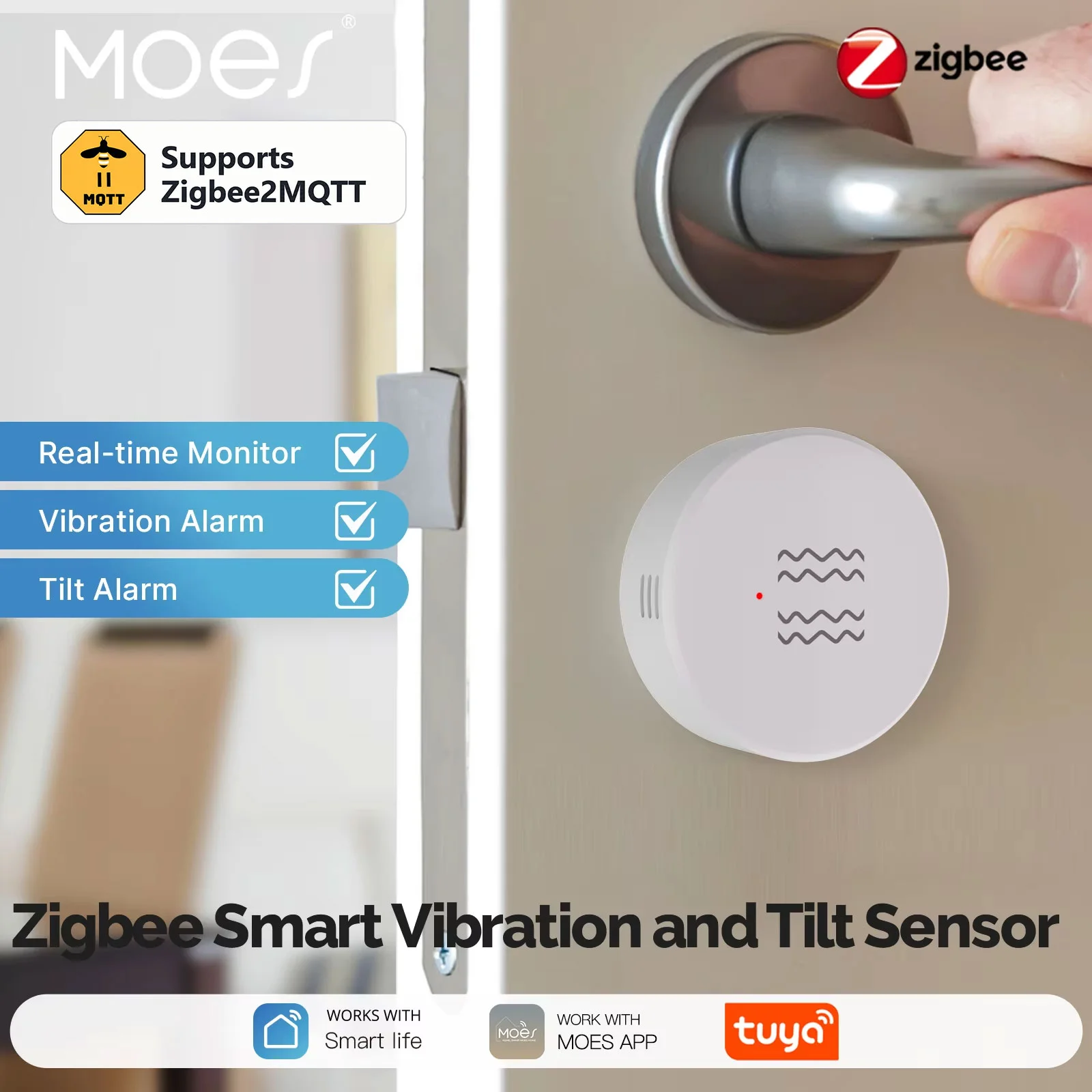 MOES Zigbee2MQTT Vibration Sensor, Smart Tilt & Motion Detector for Door Window Alarm, Real-Time 3-Axis Monitoring, Tuya