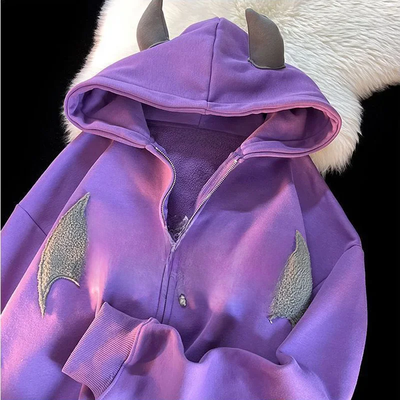 Hip Hop Dark Bat Wing Duivel Hoorn Gothic Zip Up Hoodie Jacket Mannen Vrouwen Oversized Sweatshirt Kawaii Kleding Harajuku Winter y2K