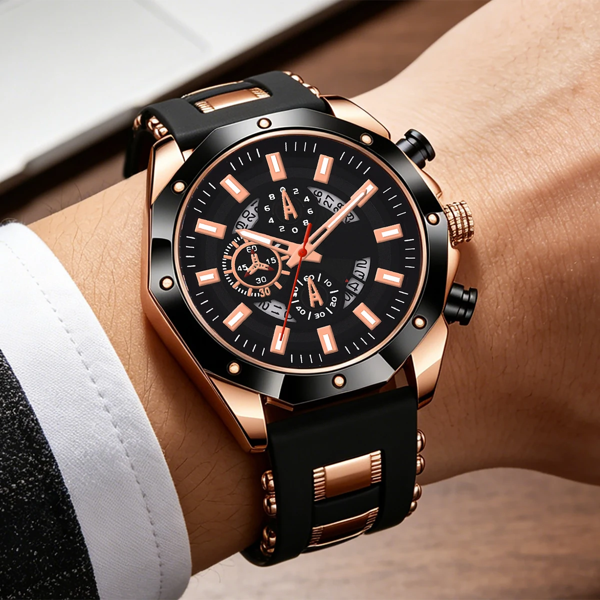 2-Piece Set, Men's New Casual Fashion Quartz Watch Set, Silicone Strap, Round Dial, Black+Blue, Can Be Freely Matched and Worn, Gift for Father, Boyfriend, Brother.