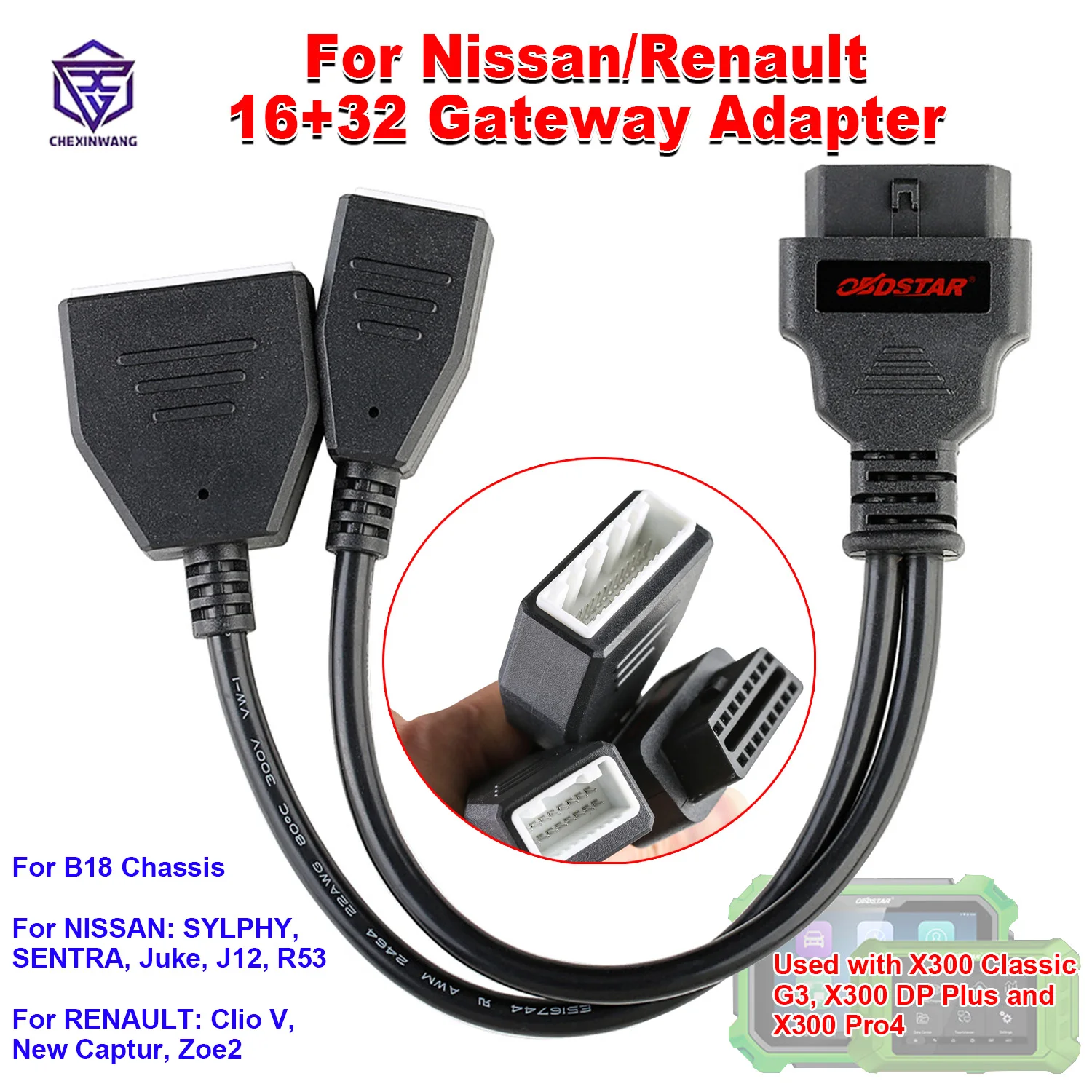 

Адаптер OBDSTAR 16+32 Gateway для Nissan и Renault, совместимый с X300 Classic G3, X300 DP Plus и X300 Pro4 для программирования ECU.