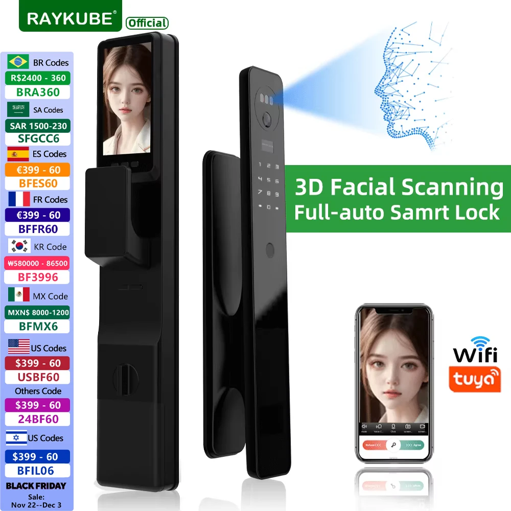 RAYKUBE MO Tuya WiFi 3D Face Recognition Digital Door Lock With 2*rechargeable batteries Wifi Camera Video Call Tuya APP Unlock