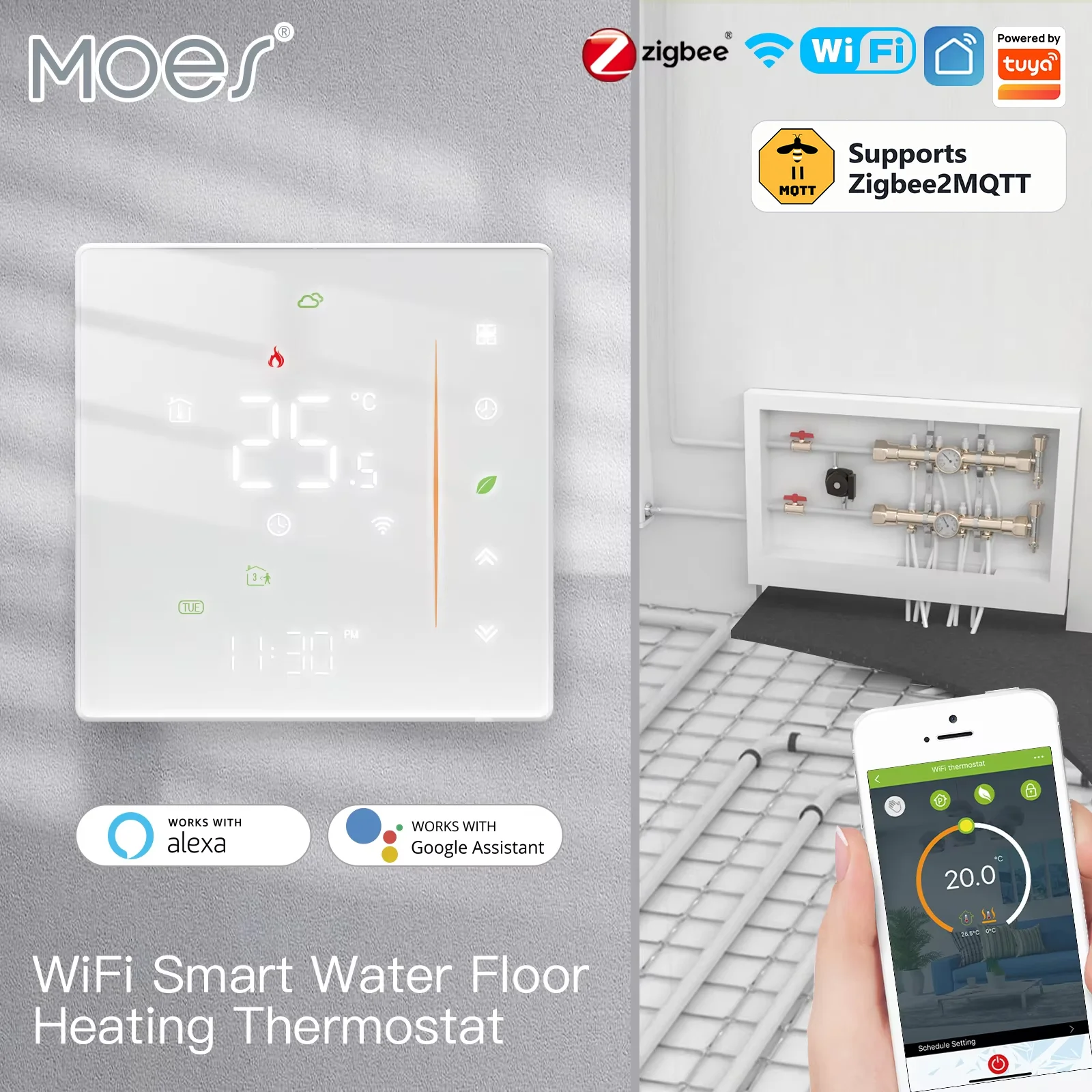 MOES WiFi Water/Electric Floor Heating Thermostat Zigbee Water Gas Boiler Temperature Control Tuya Alexa Google Voice 2MQTT