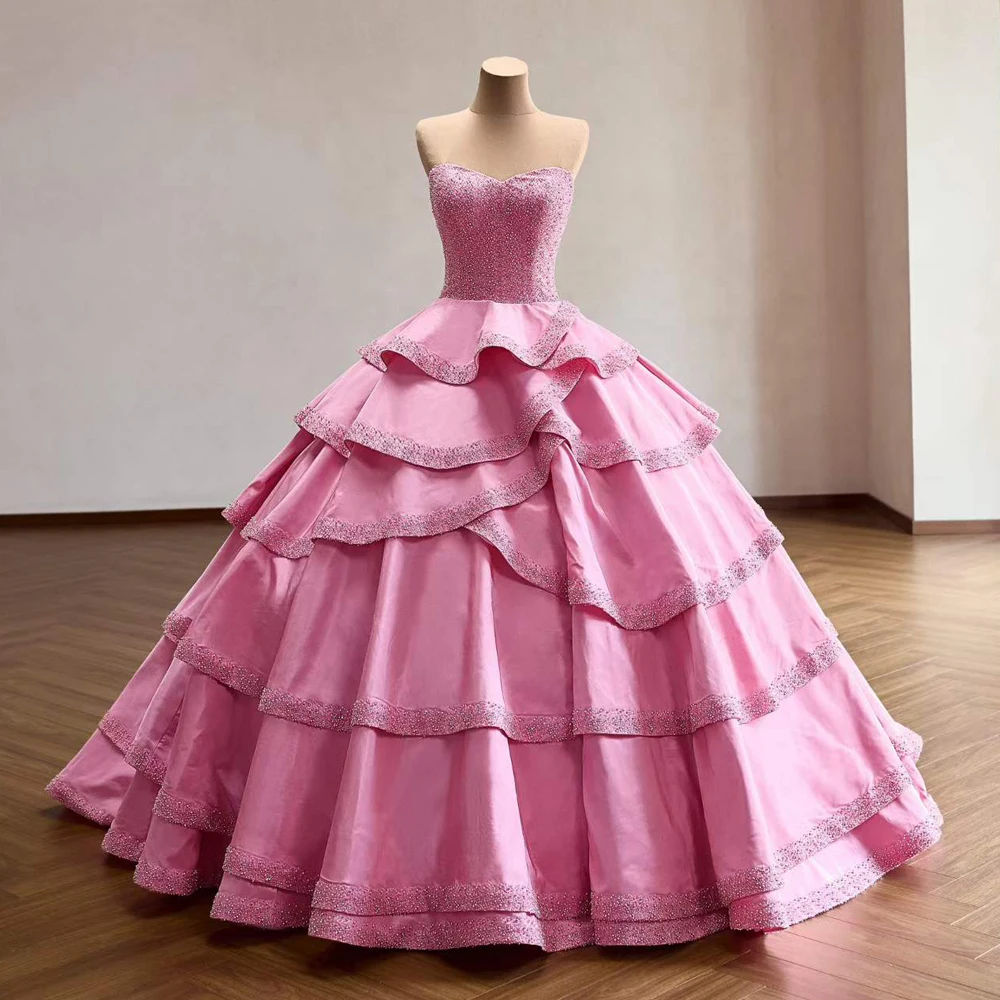 Pink Dubai Evening Luxury Dresses Beading Layers Ball Gown Lace Up Back Customizable Vestidos Invitada De Boda