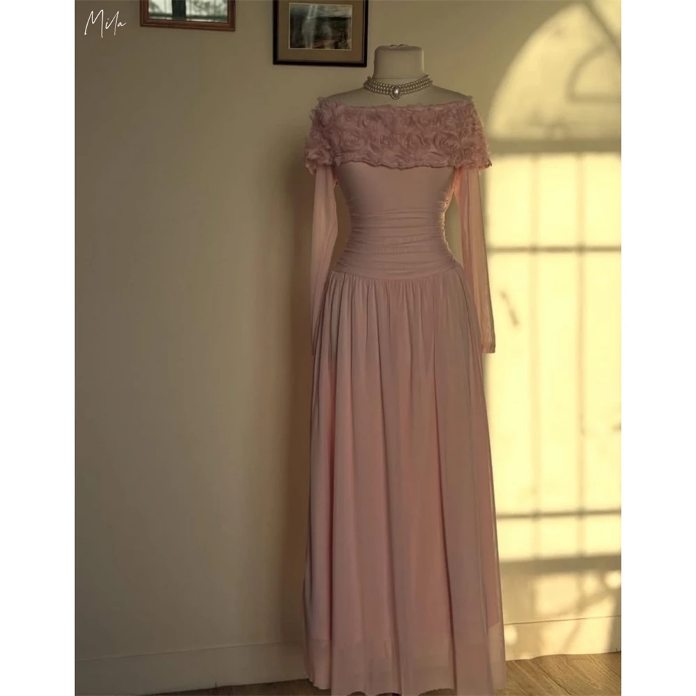 

Mila Customized Off Shoulder Pink A-line 3D Flower Prom Dress Elegant Long Sleeve Formal Evening Floor-Length Vestidos De Fiesta