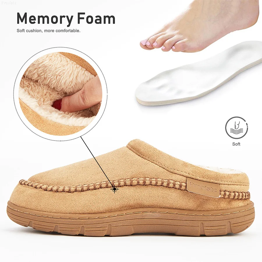 Men\'s Slippers Home Sewing Plush Memory Foam Warm House Shoes Male Luxury Suede Soft Non-Slip Winter Slippers For Indoor/Outdoor