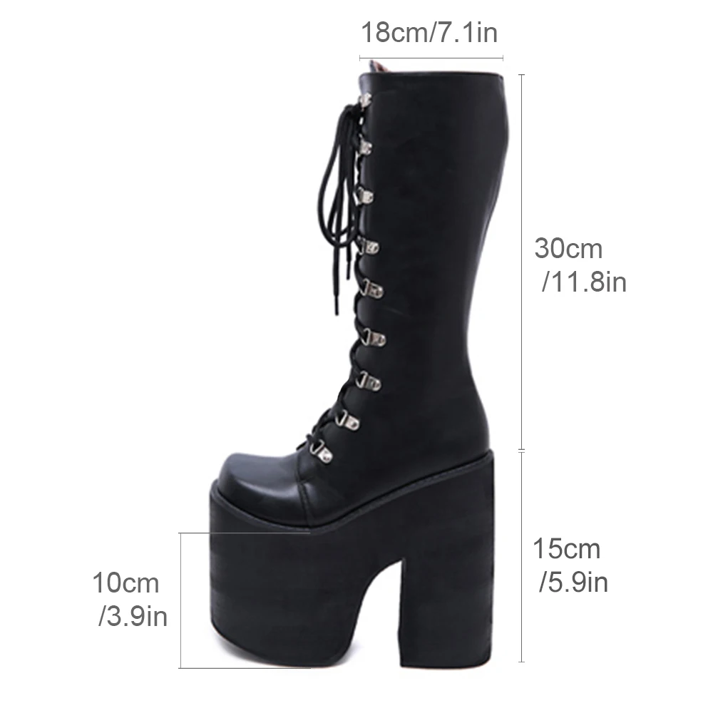 Gdgydh Women\'s Y2K Side Zipper Platform Boots Knee High Motorcycle Boots Black Closed Toe Lace Up Long Boots