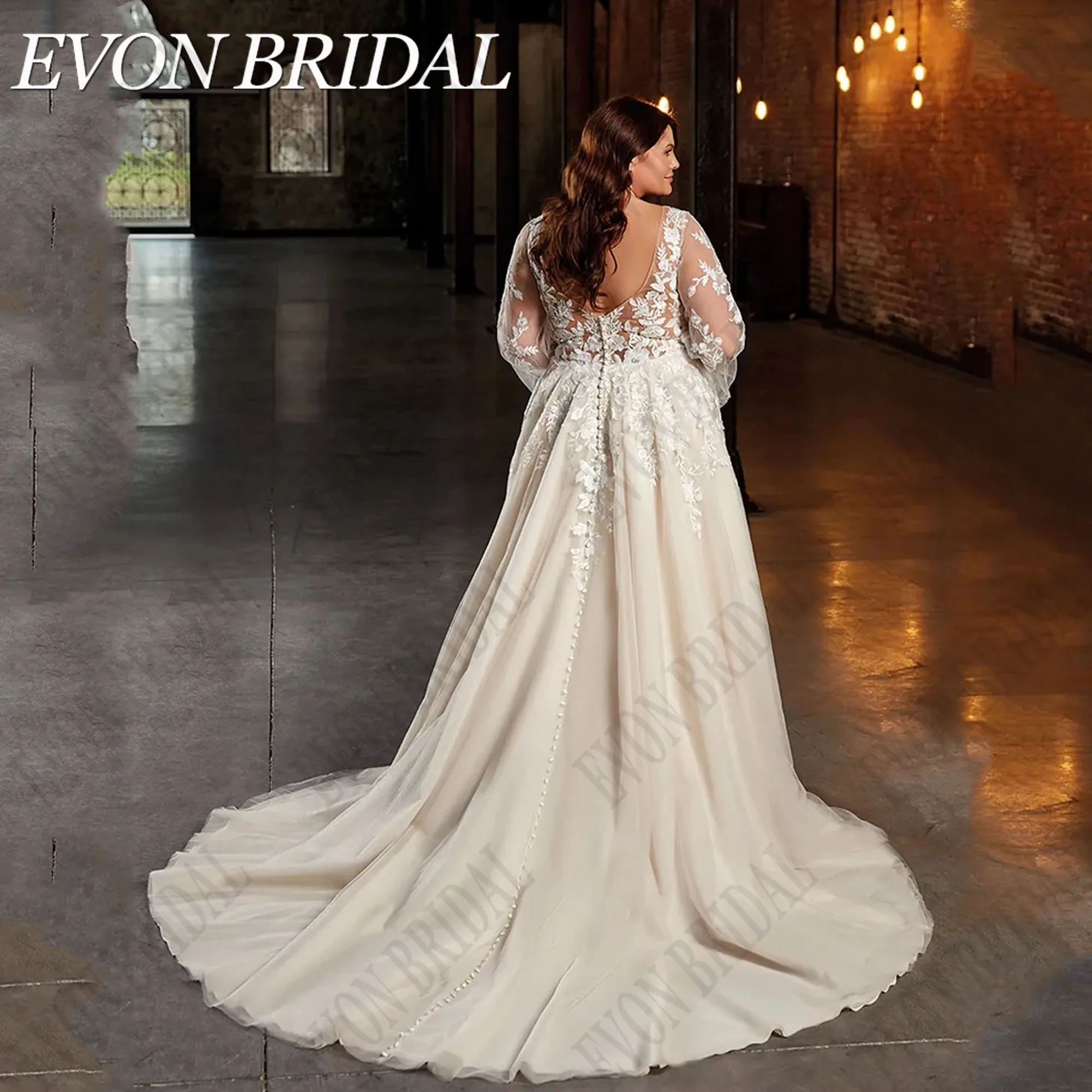 EVON BRIDAL Wedding Dress Plus Size Woman V-Neck Puff Sleeves Applique A-Line Backless Light Champagne Lace Elegant Bride Gowns