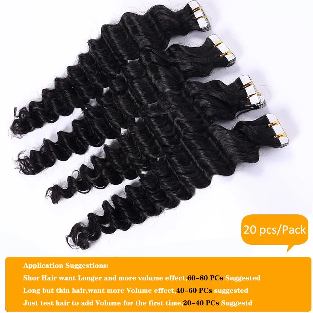 Deep Wave Tape in Hair Extensions Natural Black 100% Unprocessed Tape in Human Hair Extensions PU Tape in Extensions For Women