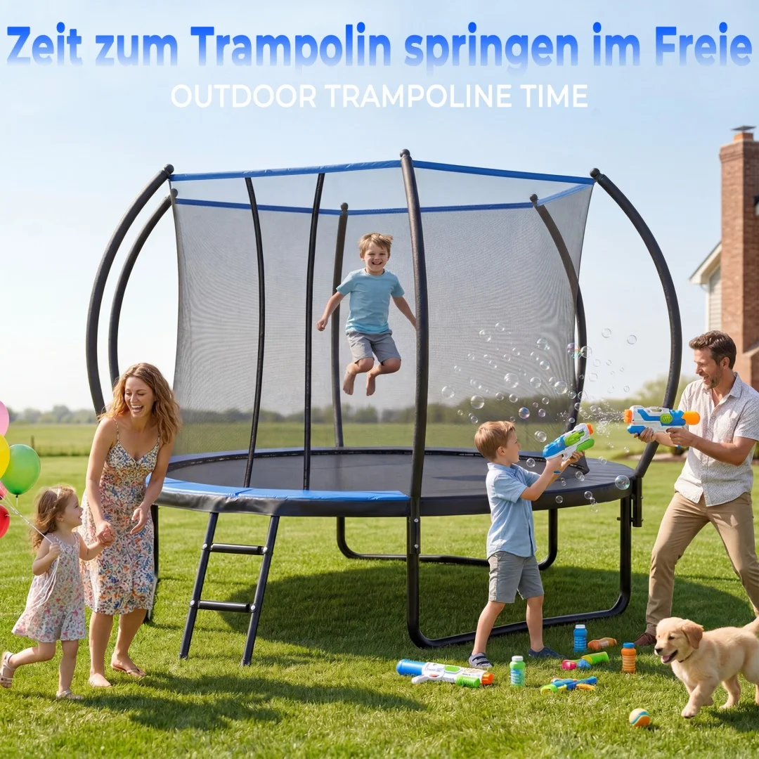 Trampoline rond pour enfants de 305 cm avec filet de sécurité et échelle, homologué EN71-14 CE, sans bords tranchants, matériau non toxique, structure en acier galvanisé et thermolaqué