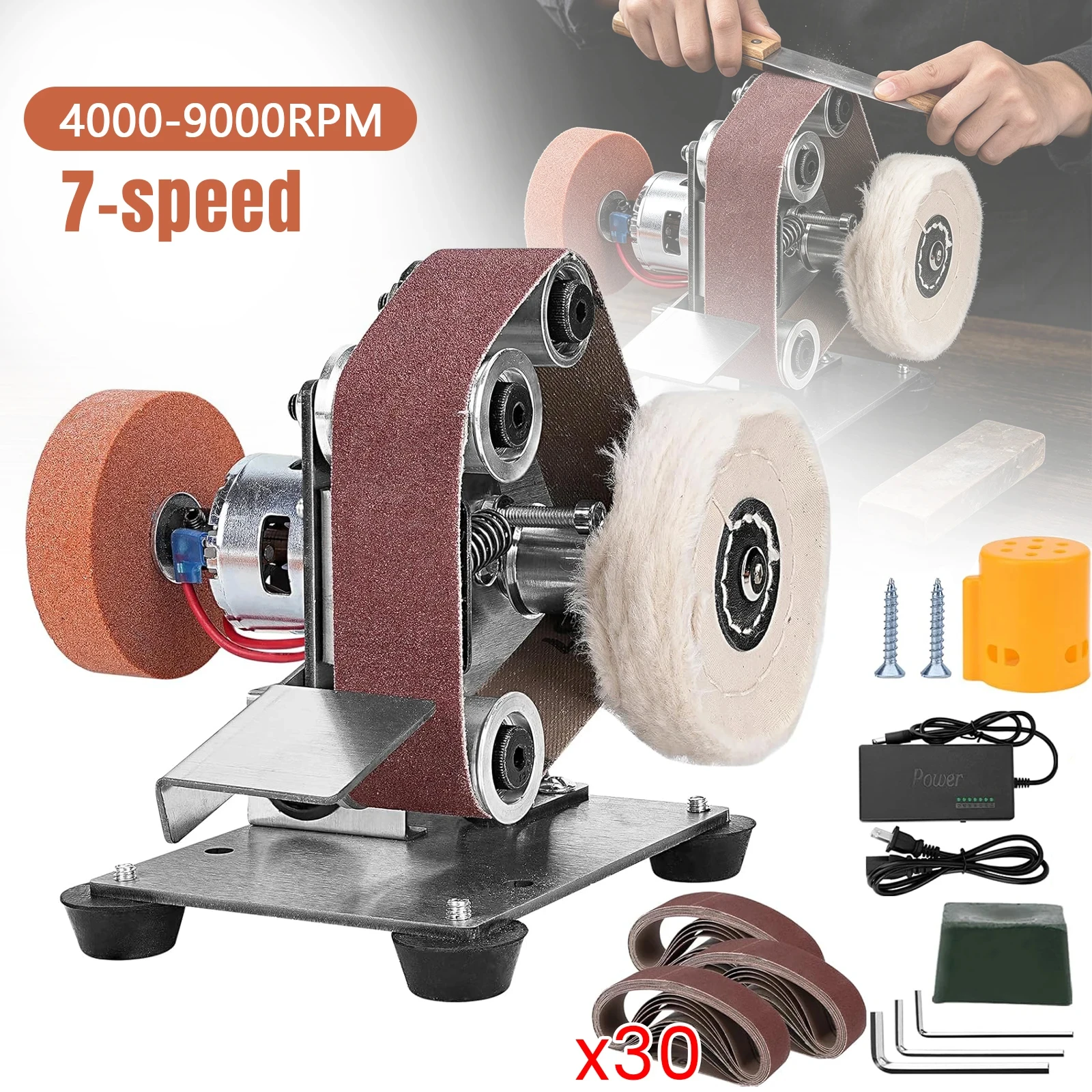 Mini Elektrischer Bandschleifer DIY Polier- und Schleifmaschine 7 variable Geschwindigkeiten 4000–9000 U/min mit 30 Schleifbändern (1,2×13 Zoll) Multifunktionales Schleifwerkzeug