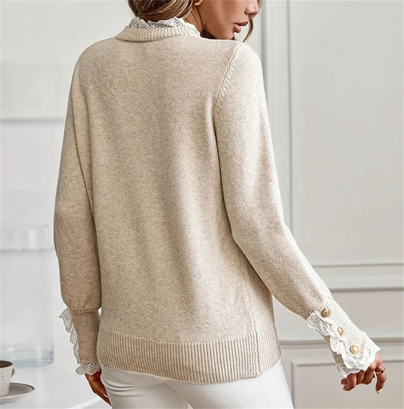 Women's Long Sleeve Buttons Lace Patchwork Knit Sweater Female Pullovers Autumn Winter Korean Fashion Casual Jacket Blouse Top
