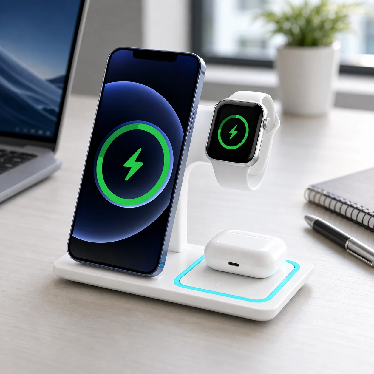 Cargador Inalámbrico Magnético 3 en 1 Multidispositivo, Base de Carga Rápida de 15W para la Mayoría de los Teléfonos, Relojes y Auriculares Compatibles con Qi