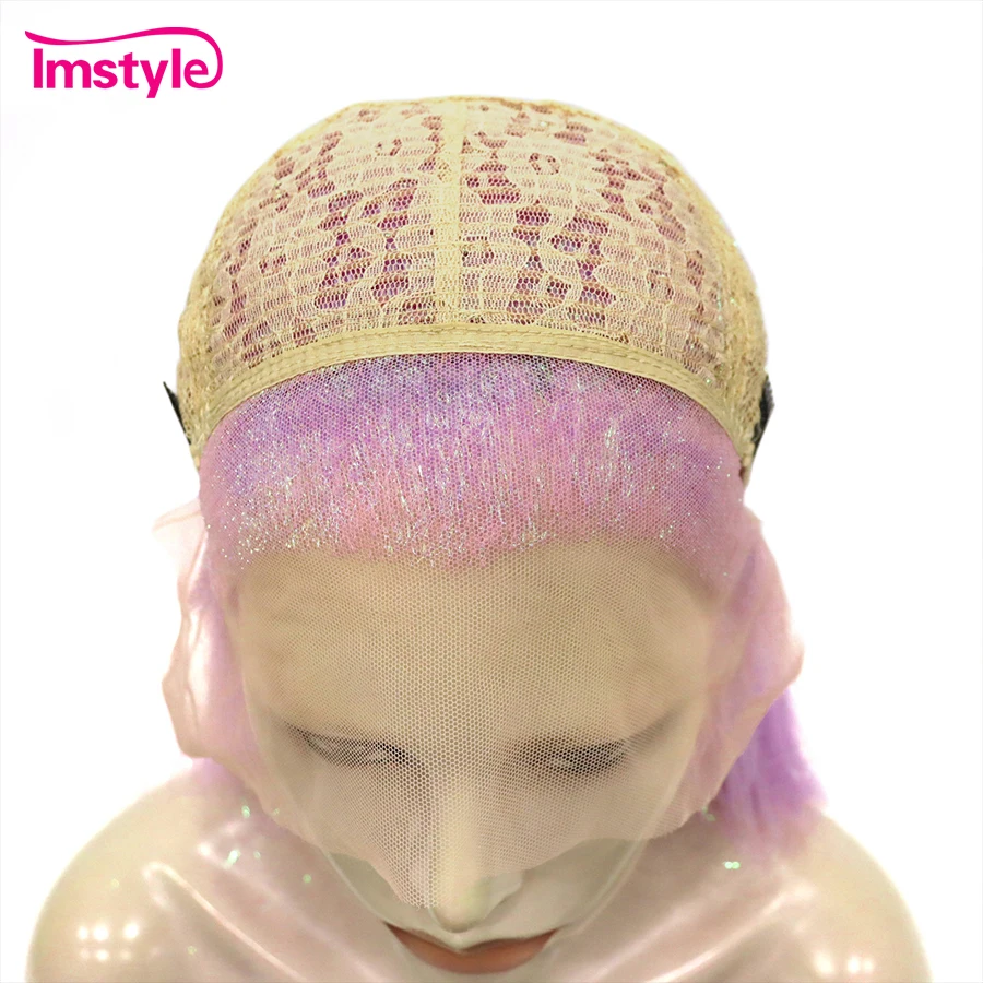 Imstyle Tinsel Lace Wig Pink Synthetic Lace Front Wig Long Straight Wig For Women Party Cosplay Wigs