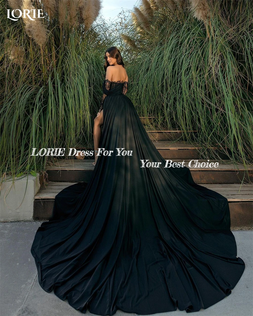 LORIE Luxury Black Mermaid Evening Dresses Lace Sexy Side Slit Backless Pleated Prom Dress Saudi Arabia Party Gowns No Gloves