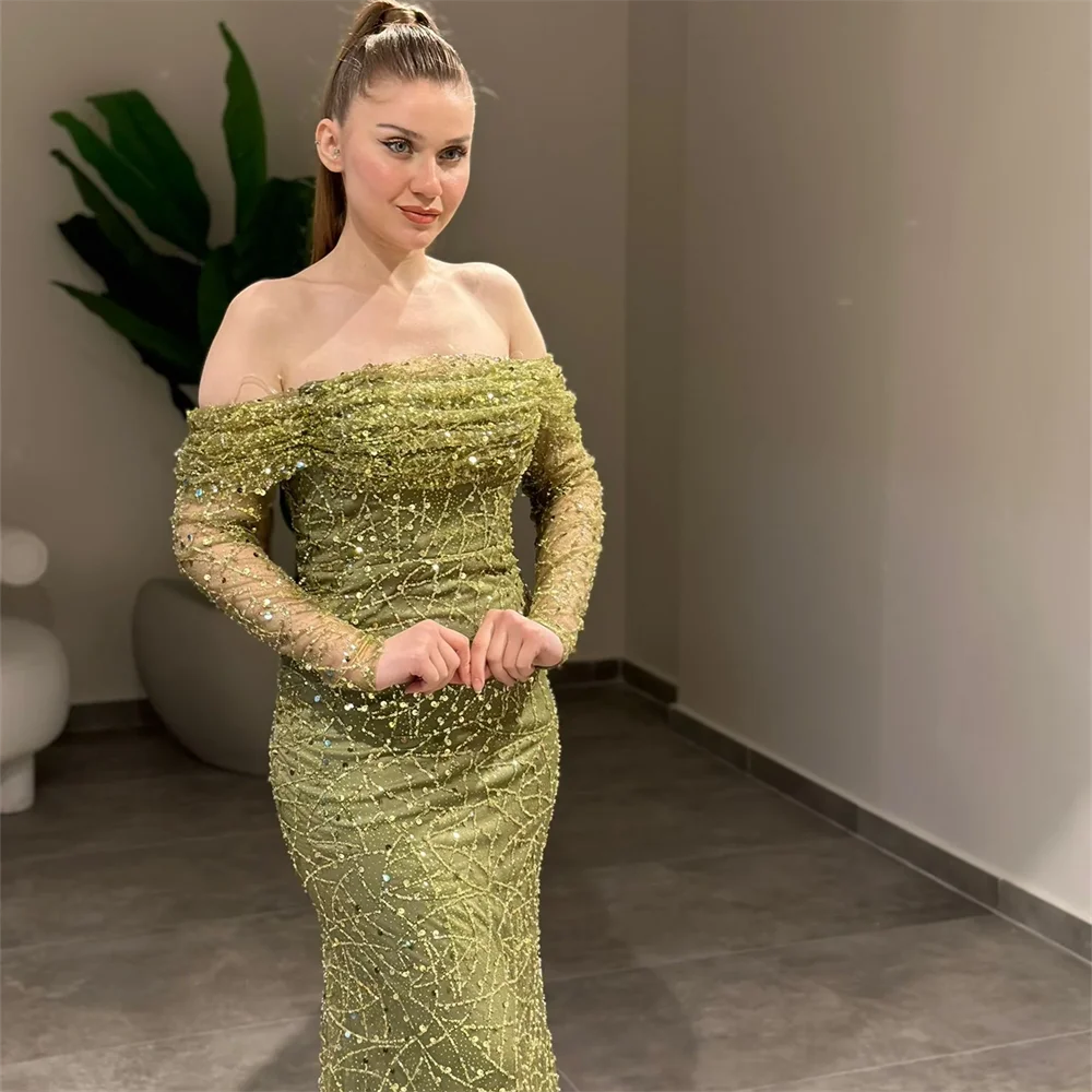 Customized Off Shoulder Beaded Sequined Lace Evening Dress Women Stunning Party Prom Gown With Sweep Train  2024 فساتين سهرة