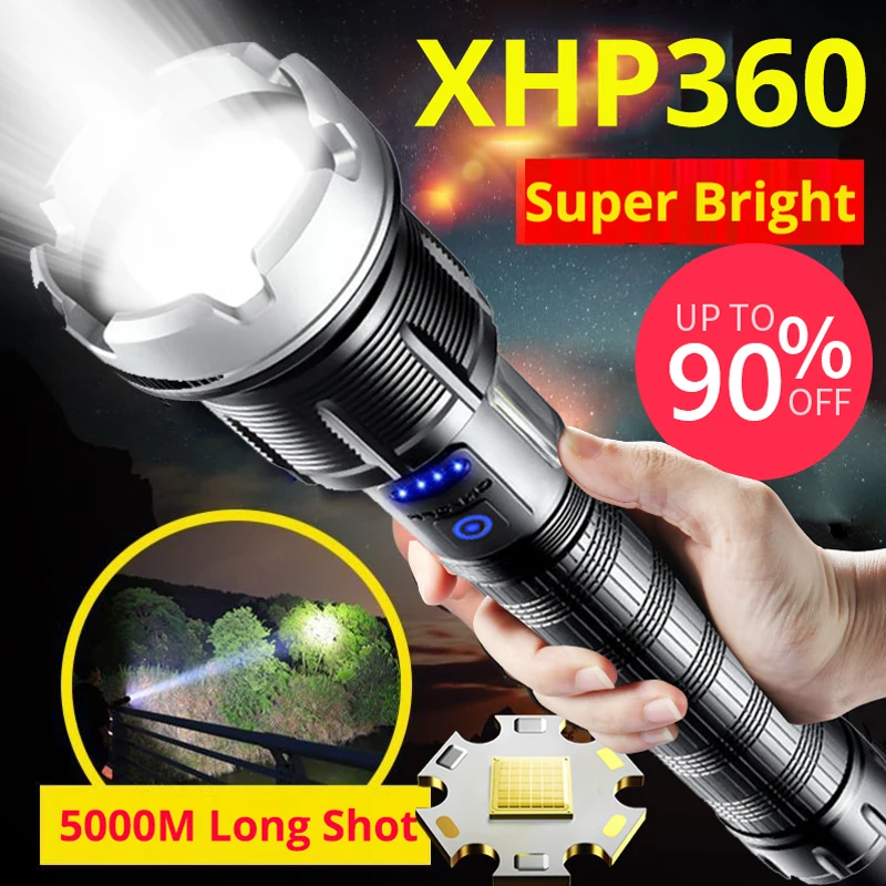 5000000LM High Power XHP360 LED Flashlight Outdoor USB Charging COB Light Waterproof Torch Zoom Long-range Aluminum for Camping