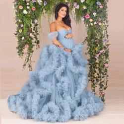 Sky Blue Ruffled Maternity Gown for Woman Off the Shoulder Fluffy Pregnancy Photoshoot Dress Extra Puffy Photography Dresses