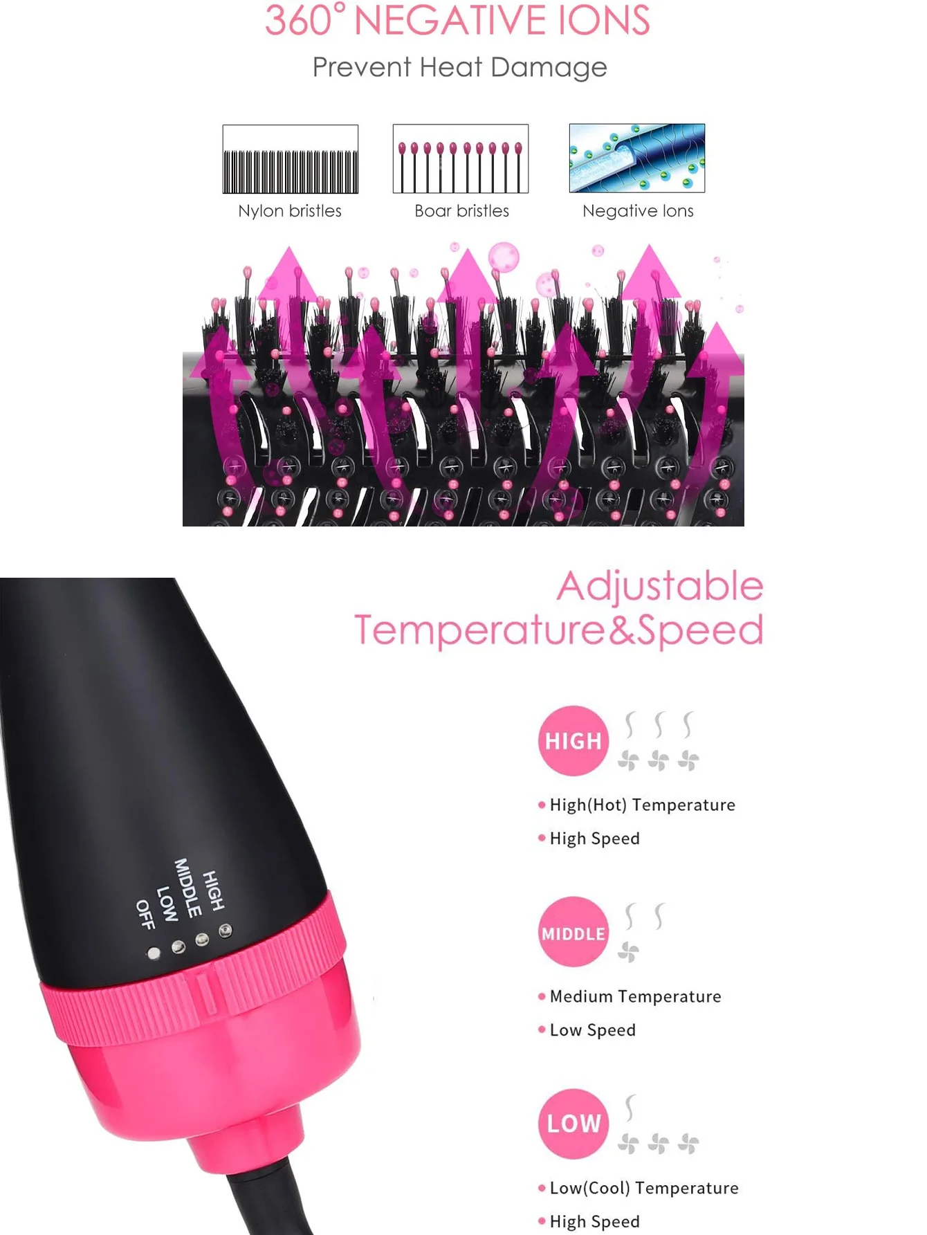 Hair dryer hair straightener 3 IN 1 multifunctional brush with heat regulator ion dryer