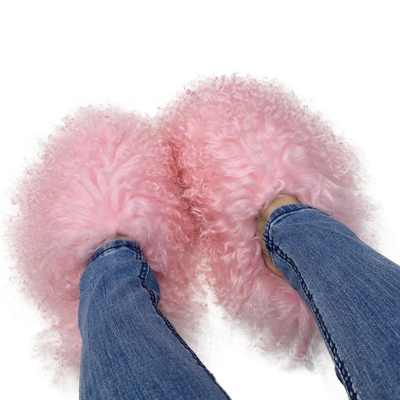 Wholesale Women Fluffy Winter Fur Slides Warm Flip Flop Fashion Soft Plush Curly Sheep Fur Slippers