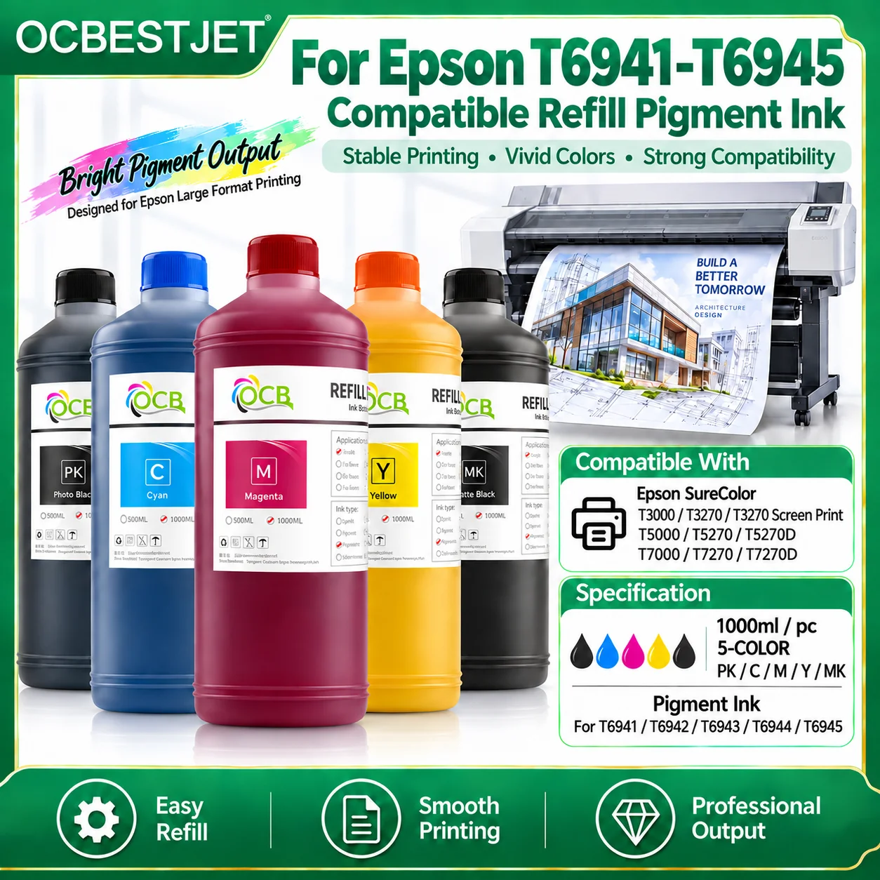 Pigment Ink 5 Colors T6941-T6945 High Quality 1000ML For EPSON SC T3200 T5200 T7200 T3270 T5270 T7270 T3000 T5000 T7000 Printer