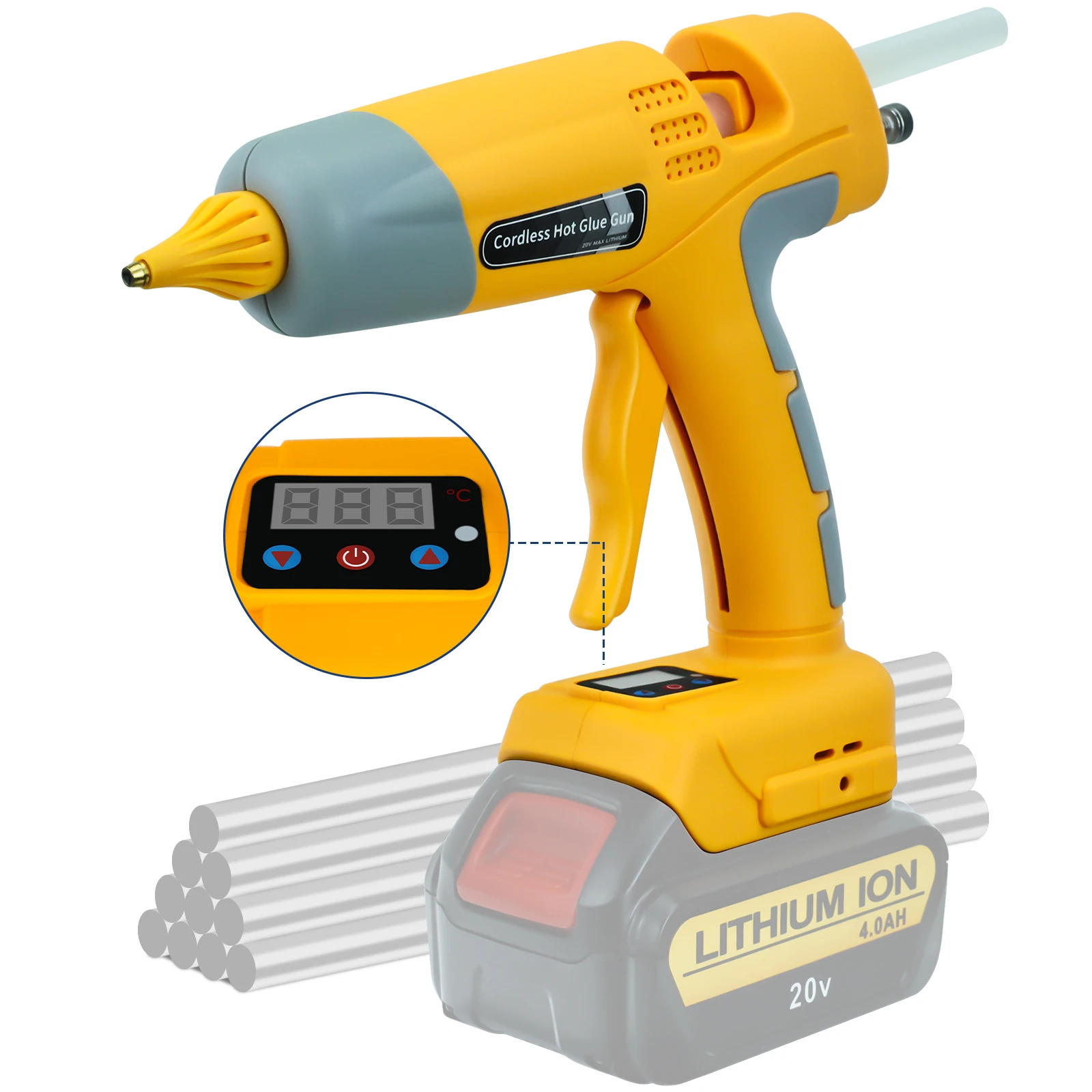 

100W Cordless Hot Melt Glue Gun with 10pcs 11mm Glue Sticks Repair Electric Tool for Dewalt 20V Li-ion Battery (No Battery)