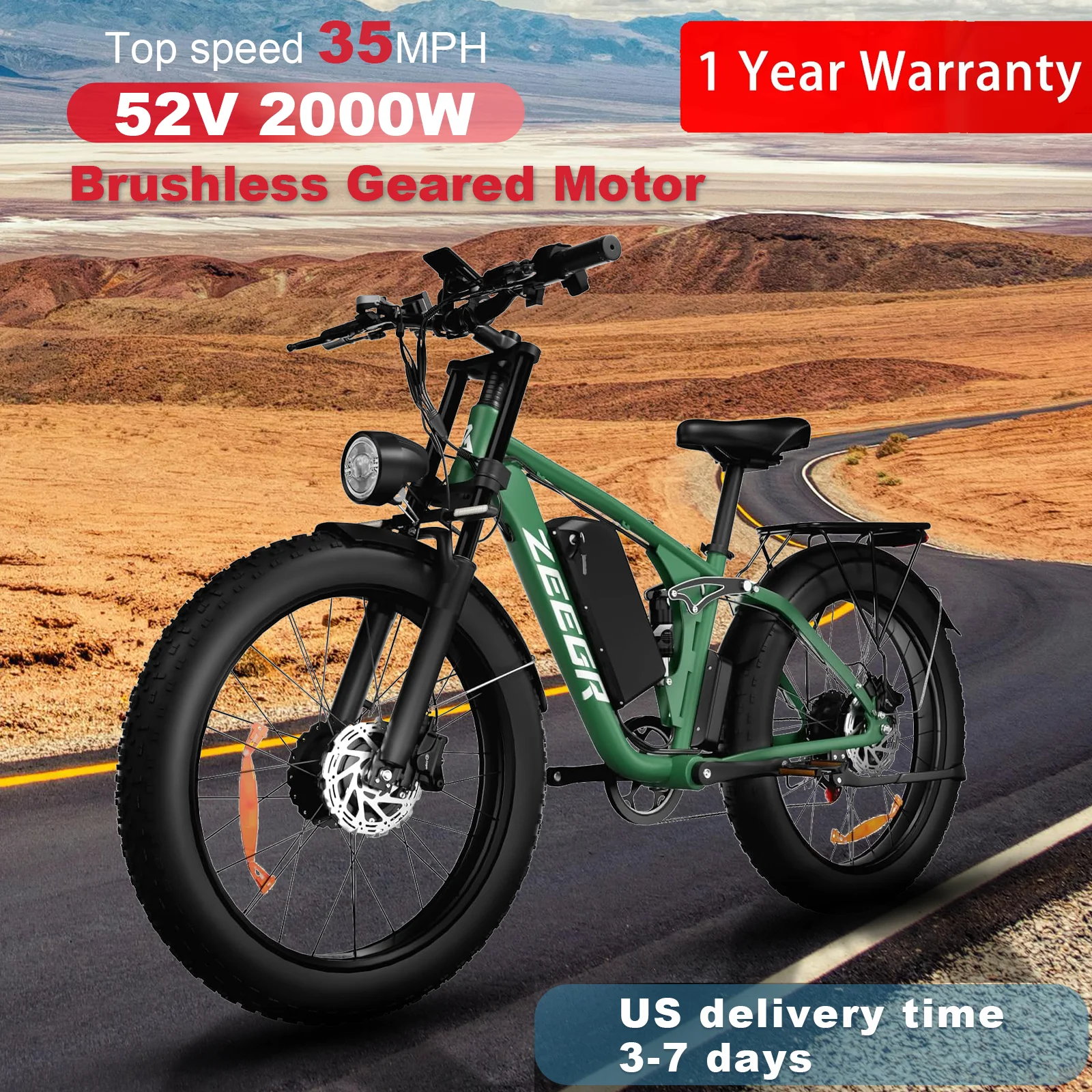 

Zeegr S1 US Winter Fat Tire E-Bike 2000W Dual Motor AWD 52V 80 Mil Long Range Full Suspension 35MPH Snow Off-Road Электрический велосипед