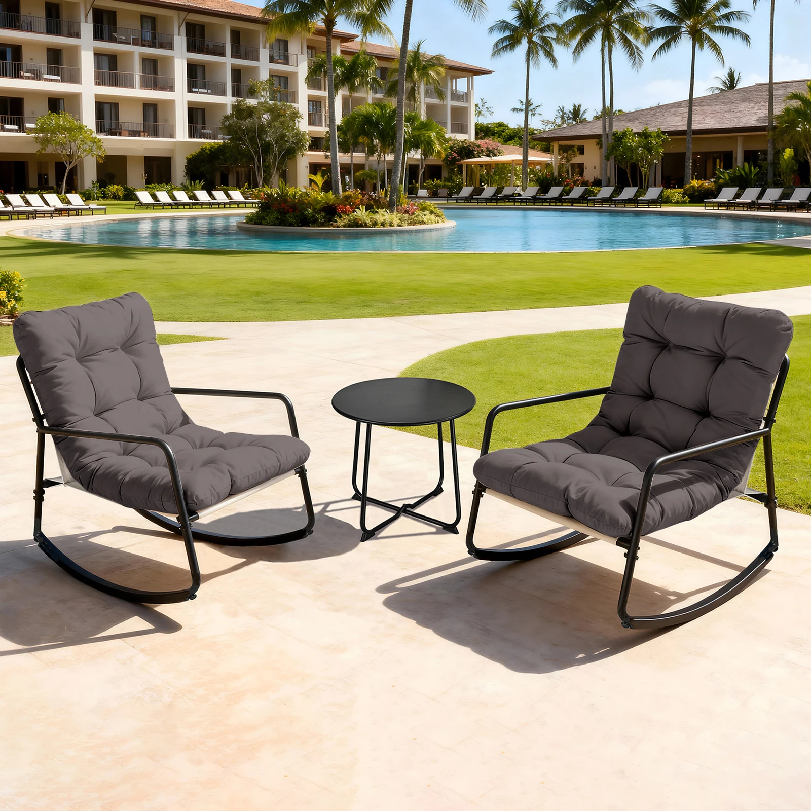 SEEHILL 3 Pieces Outdoor Conversation Set, Metal Patio Bistro Set with 2 Outdoor Rocking Chairs and Side Table, Patio Furniture Set with Cushions for Apartment, Porch, Balcony, Poolside, Dark Grey