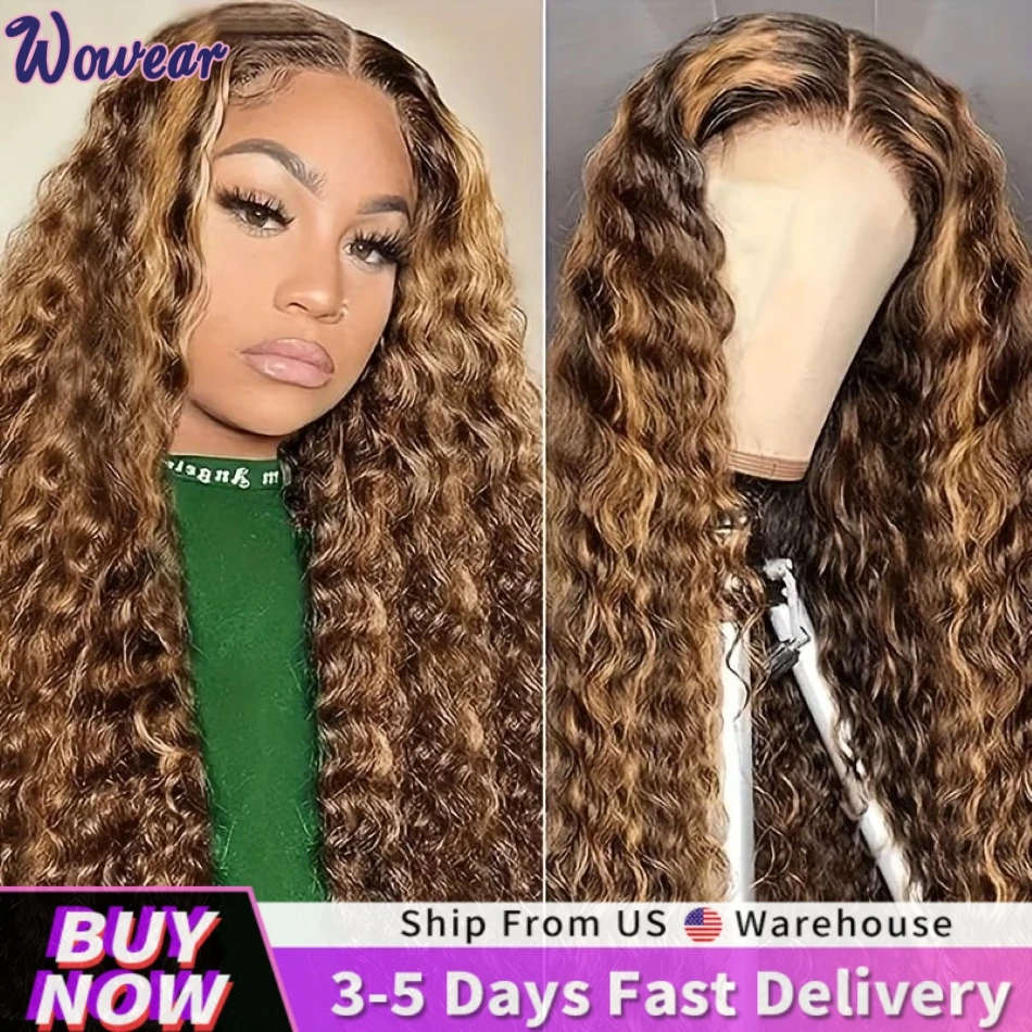 

P427 Ombre Color Highlight Honey Brown Curly Wigs HD Lace Front Human Hair Wigs 200 Density Deep Wave Wigs Lace Frontal Wigs