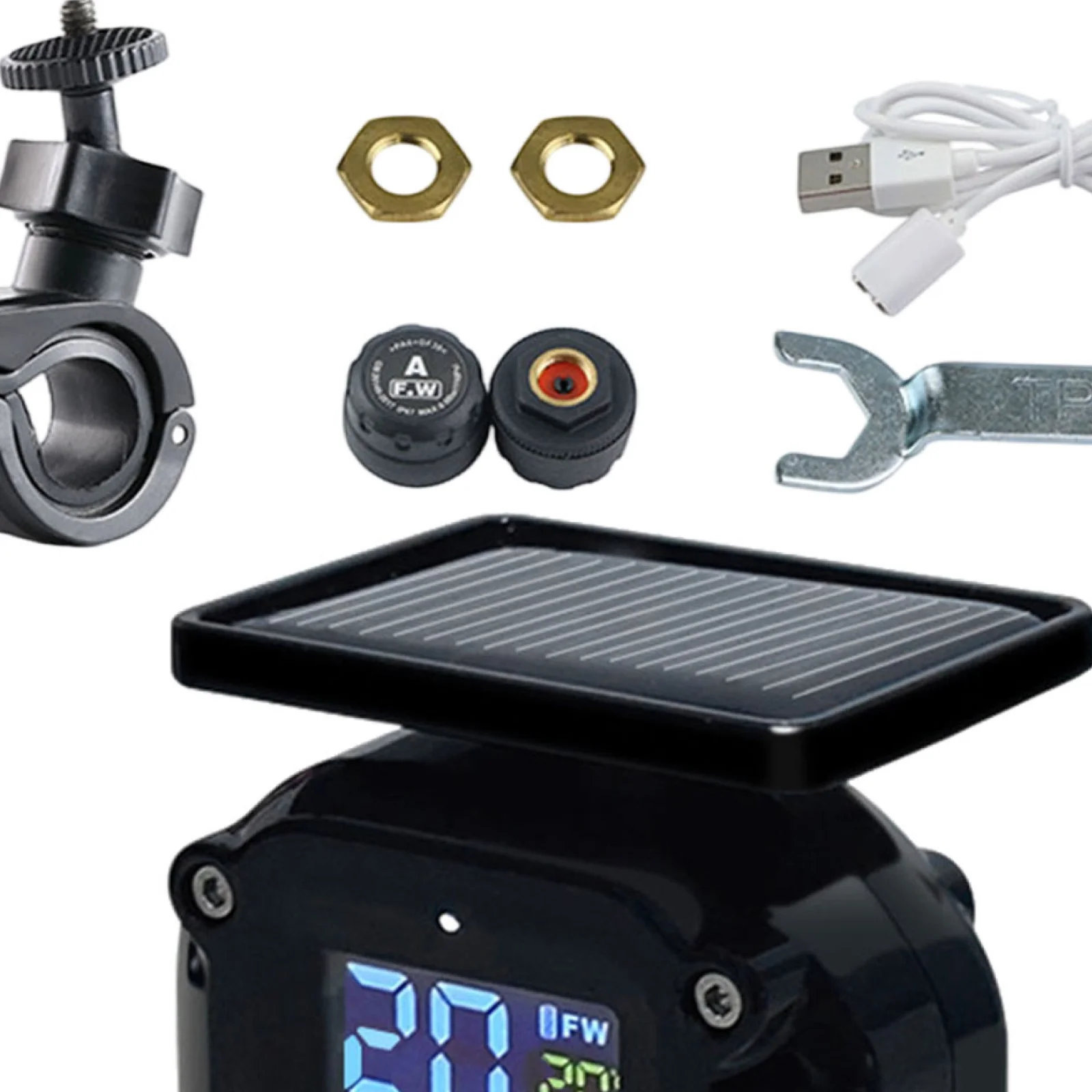 Motorcycle Tire Pressure Monitor System Compact Portable Wireless USB Charging with 2 External Sensors Real Time Digital Alarm