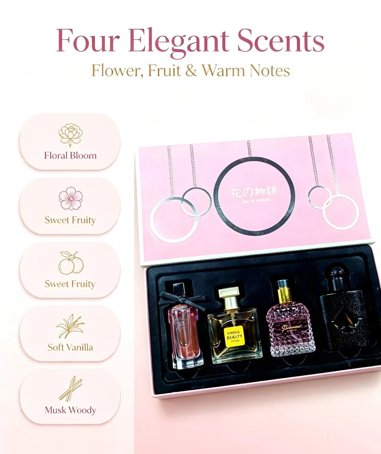 4 Elegant Scents Perfume Gift Set for Women, Floral Bloom Sweet Fruity Soft Vanilla Musk Woody Notes, Long Lasting Eau de Parfum Premium Pink Gift Box Perfume Kit for Birthday Valentine Holiday Dating Gift view 4