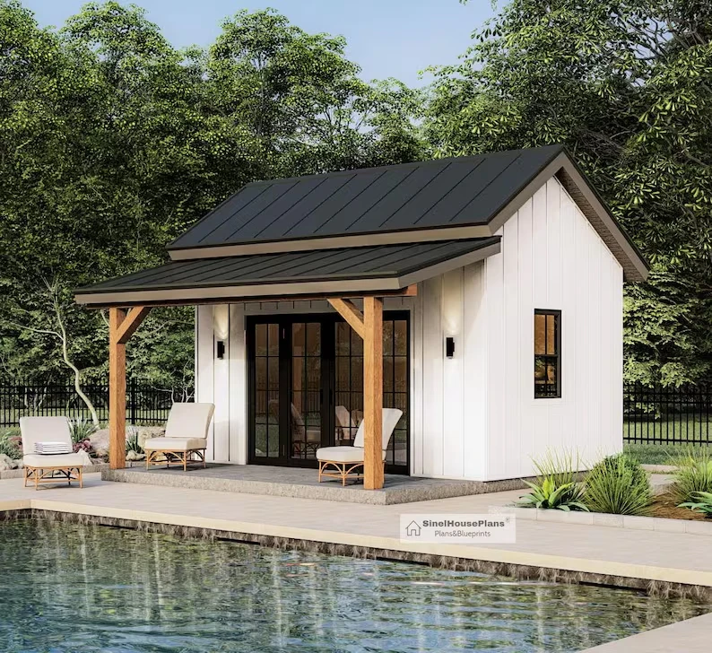 Planos impresos de casa de billar DIY de 16'x16' | Cobertizo de piscina con planos de construcción de porche (sin materiales incluidos)