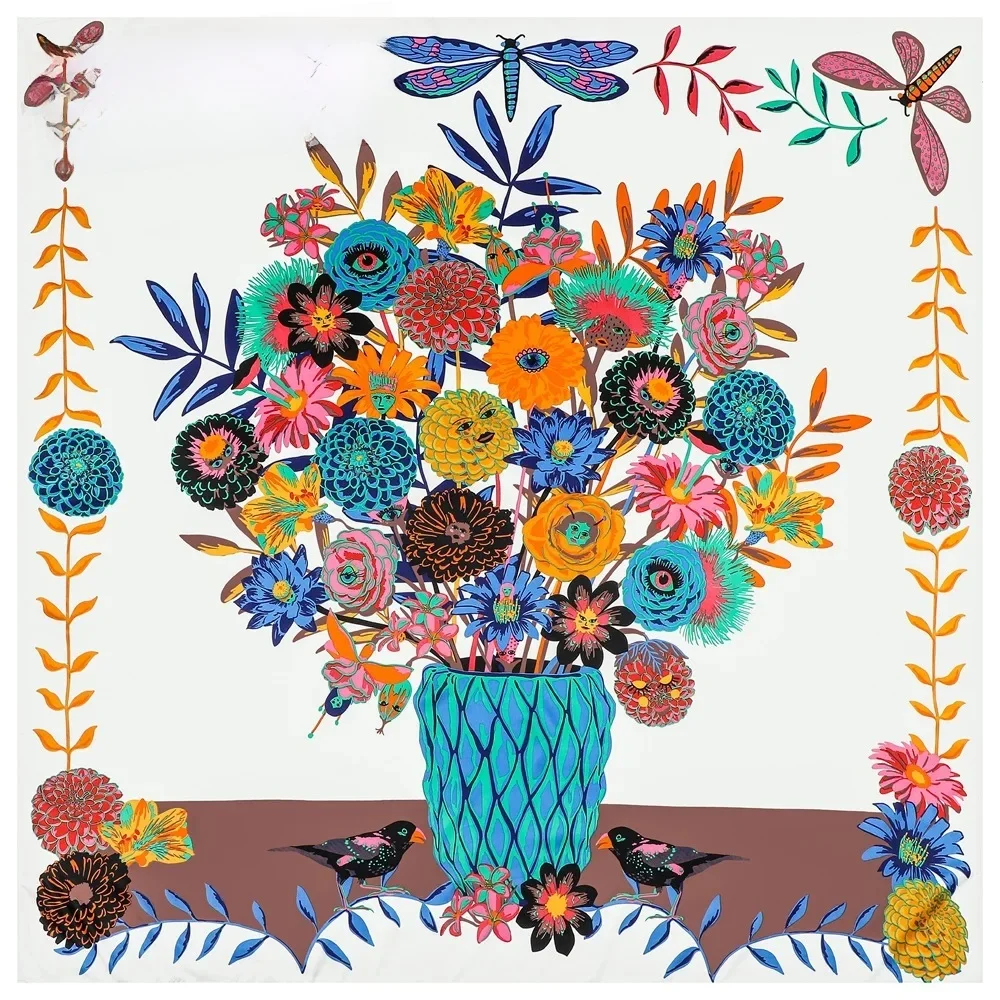 Injplanchers f-Foulard Carré à Imprimé de Fleurs pour Femme, Grand Châle en Bouteille, Bandana de Luxe, Hijab, 130cm