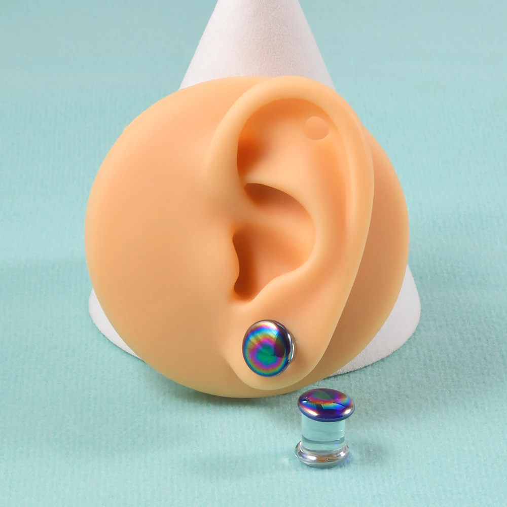 Pair Stunning Oil Slick Design Pyrex Glass Double Flare Plugs Ear Tunnels Double Flared Plugs Flesh Stretchers Piercing Earrings