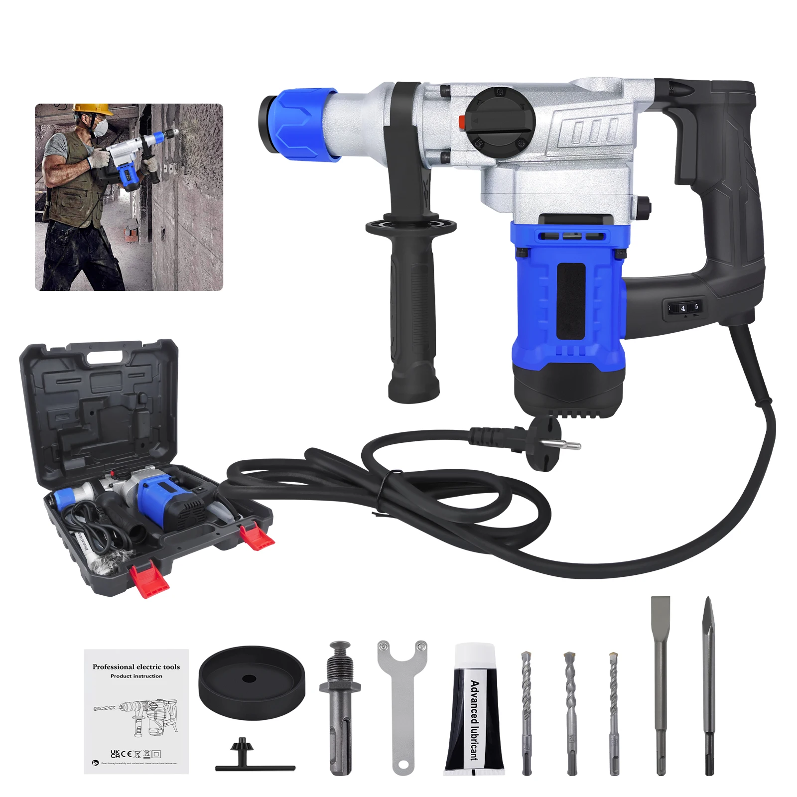 Marteau perforateur électrique multifonctionnel à 6 vitesses, perceuse à percussion filaire avec mèches SDS Plus, forets et coffret