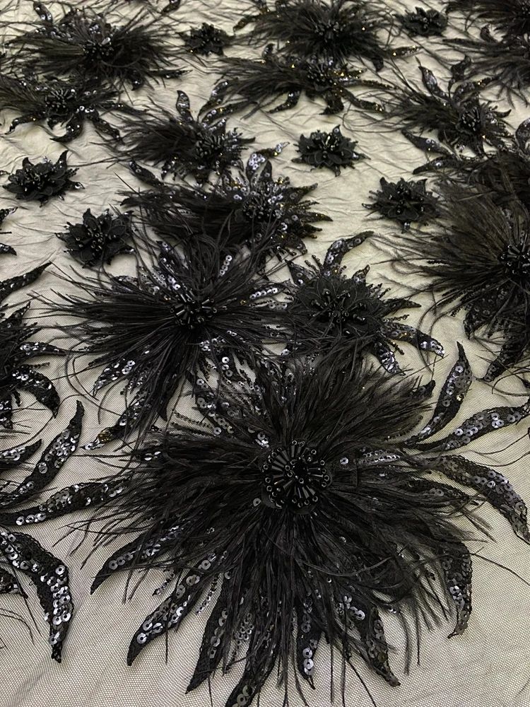 

HelluyerDC Black 3D flowers feather beautiful lace fabric,black feathers lace for fashion,wedding,evening,dance gown by the yard