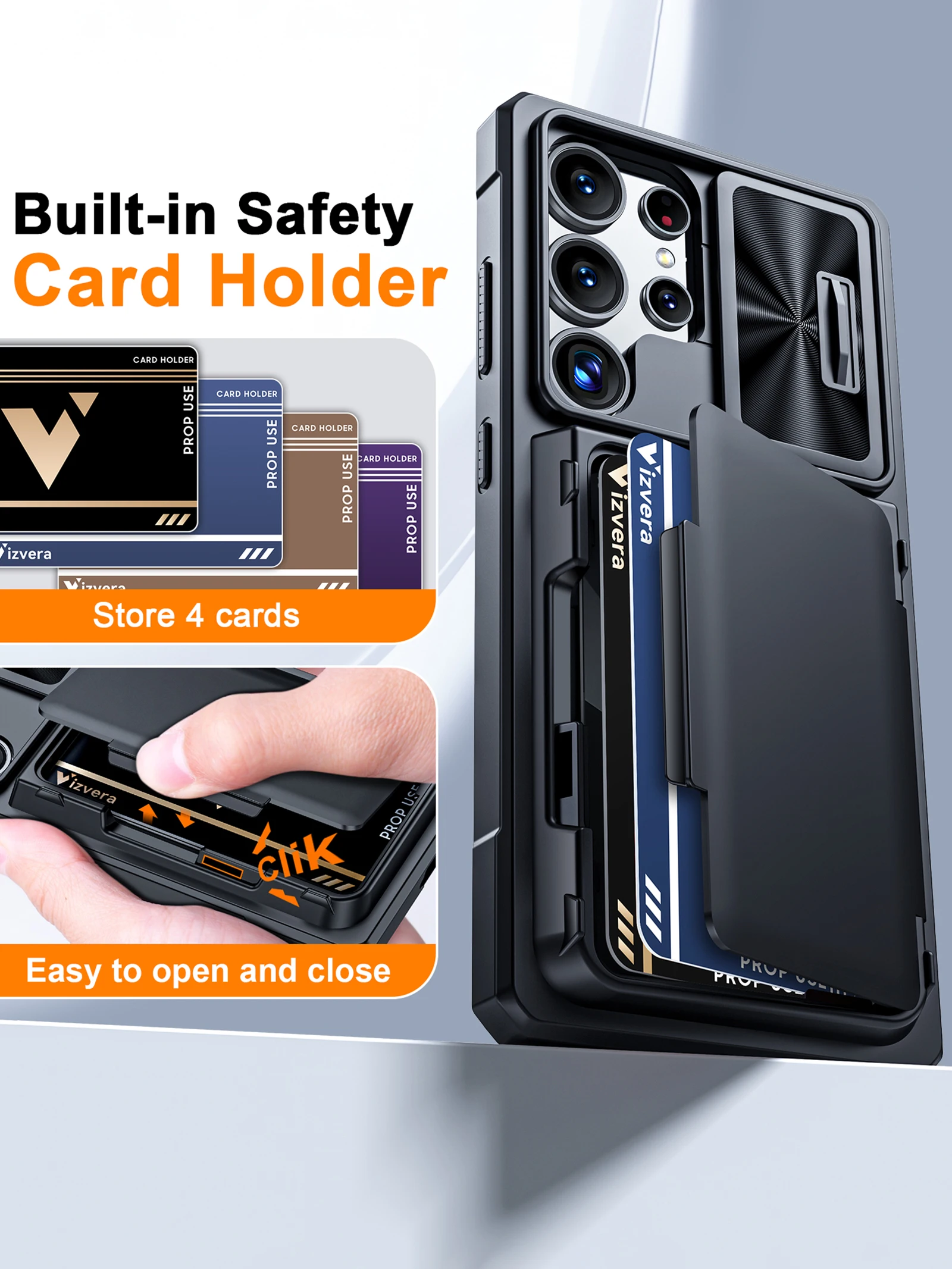 Robuste Stoßfeste Schutzhülle mit Kameraabdeckung, RFID-Blockierung Kartenhalter für Samsung Galaxy S25 Ultra-Schwarz – Detail 2