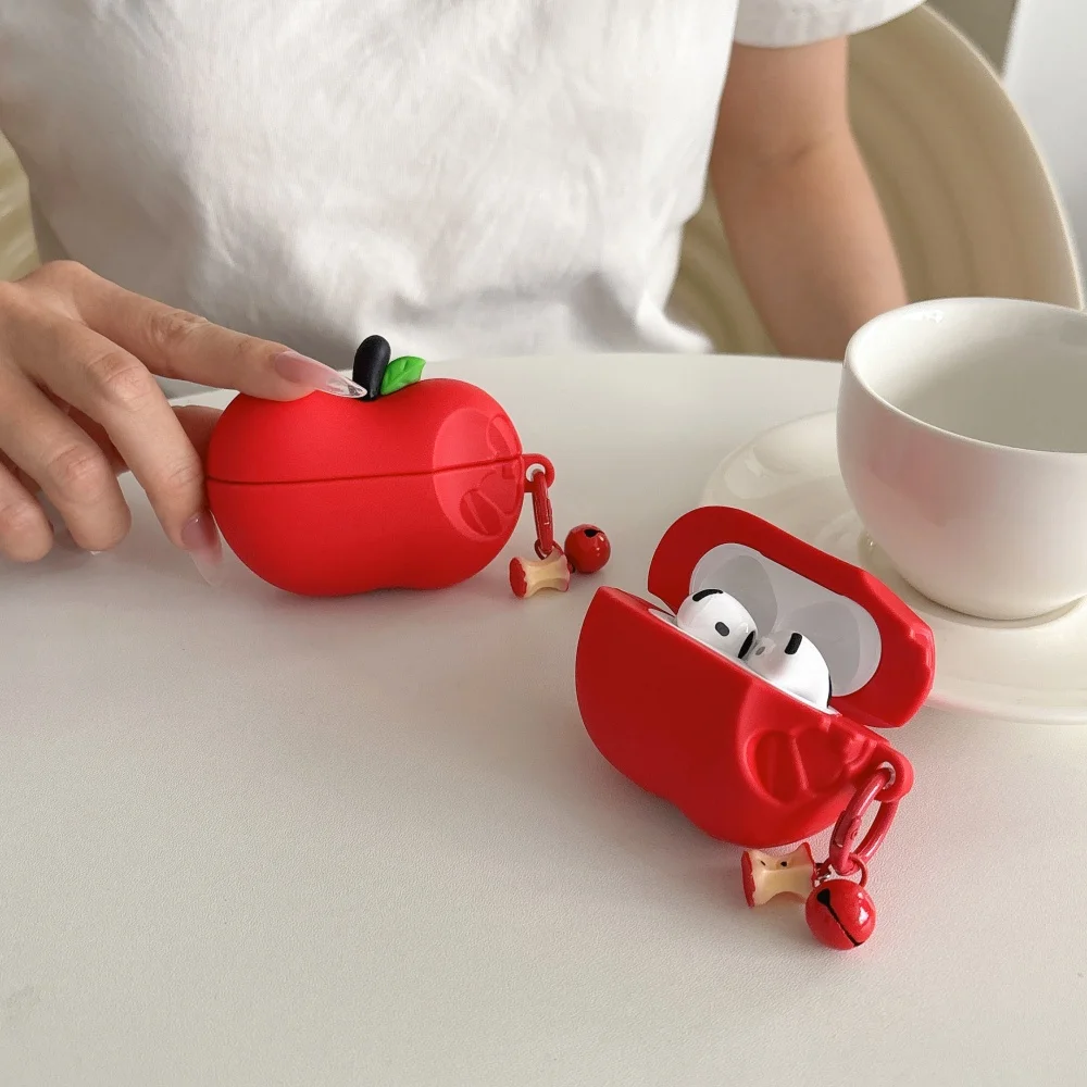 Cute 3D Red Apple Shape Earphone Cover for Airpods 1 2 3 4 Pro2 Pro3 Cover With Charm Fashion Shockproof Protective Cases Kawaii