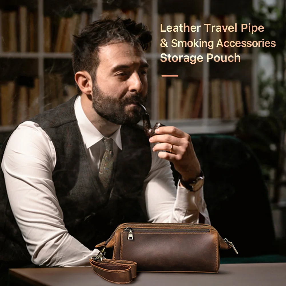 Genuine Leather Tobacco Pipe Bag Smoking Pipe Clutch Bag Lighter Pocket Cigarette Storage Pipe Holder Smoking Accessories Pouch