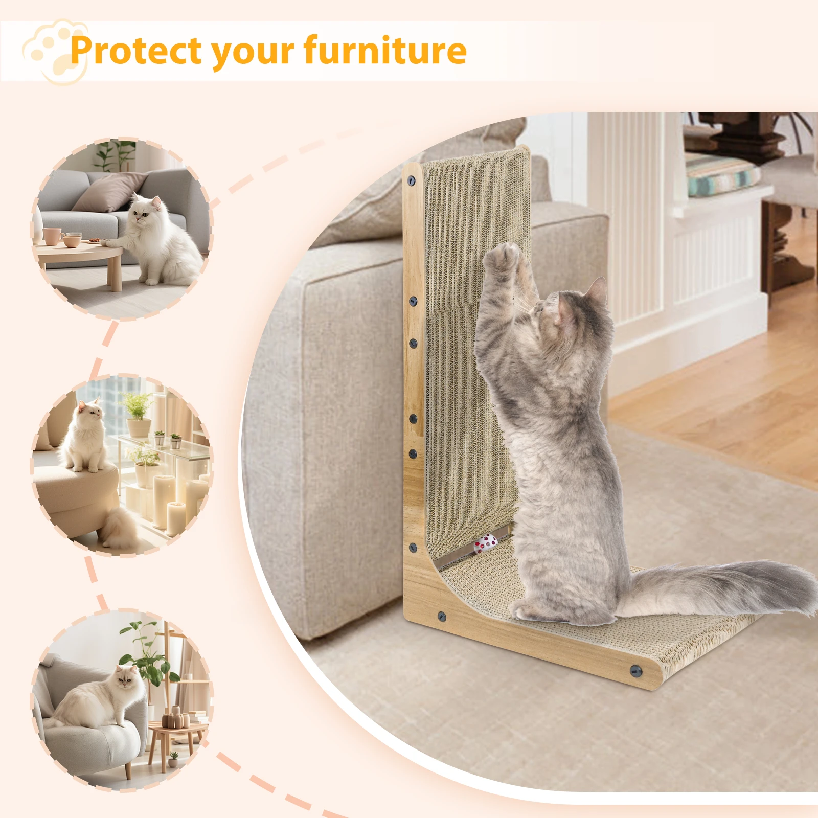 Katzen-Kratzbrett Wandmontiert Vertikales Kratzbrett L-förmiger Katzen-Karton-Kratzbaum Katzen-Kratzbett mit Kätzchen-Accessoires
