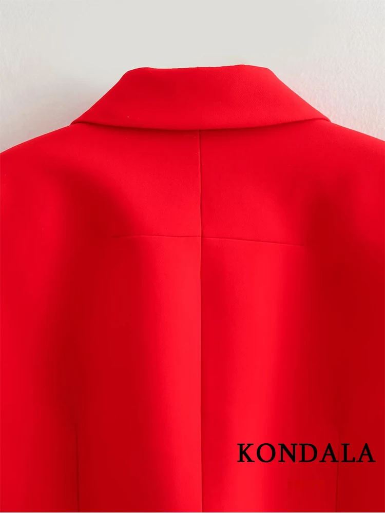 KONDALA Stylish Red Cropped Jacket Four Flap Pockets Collar Button Closure Blazer Fashion 2023 Autumn New Chic Women Outwear