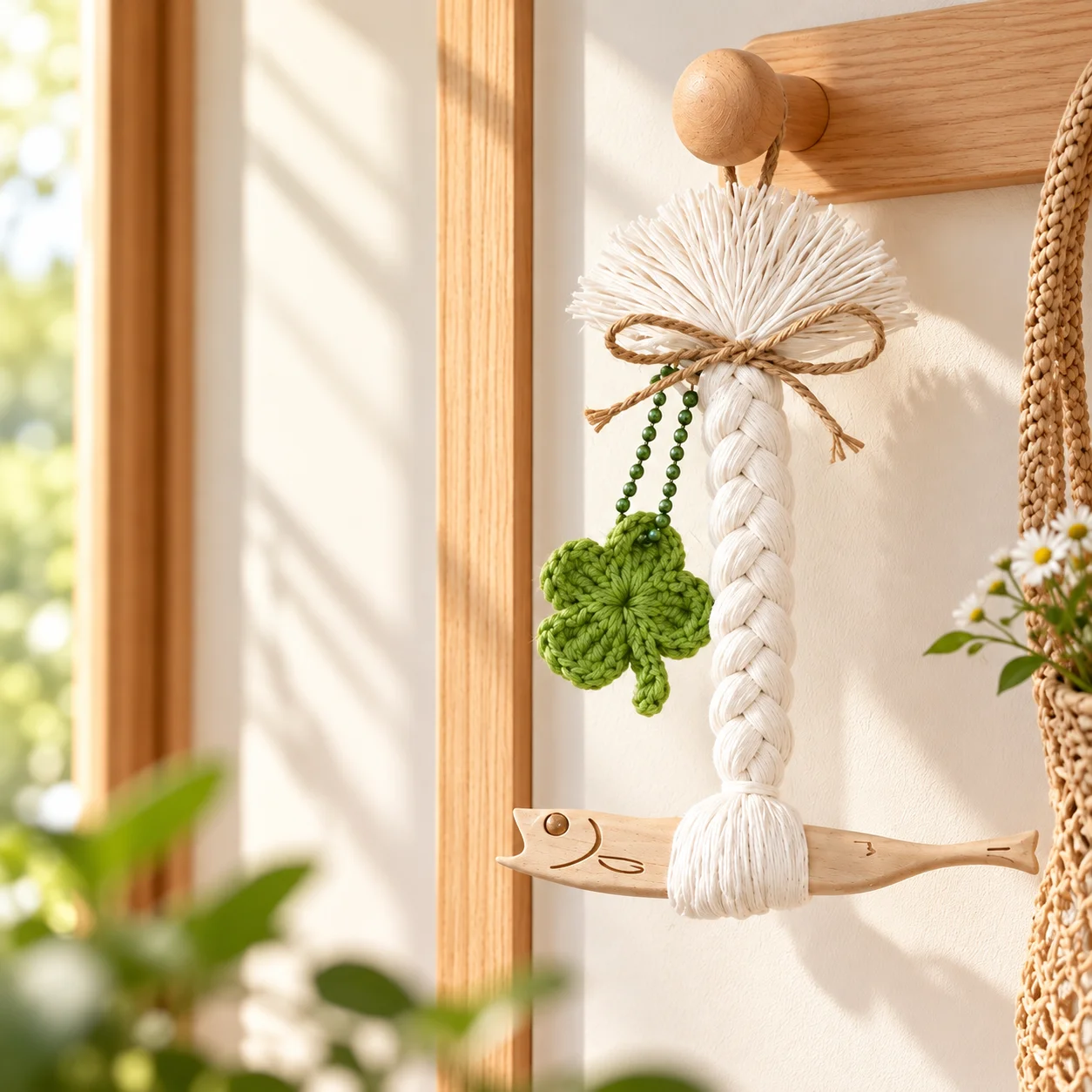 Handmade Wooden Fish Keychain Lucky Four Leaf Clover Bag Charm Cotton Tassel Pendant Cute Boho Key Ring Backpack Purse Accessory