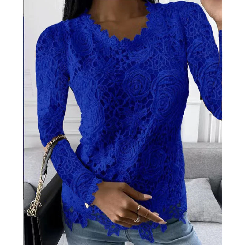 Elegant Lace Women T-shirts Y2K Fashion Long Sleeve Office Lady Blouses O-neck Solid Causal Vintage High Street Boho Female Tops