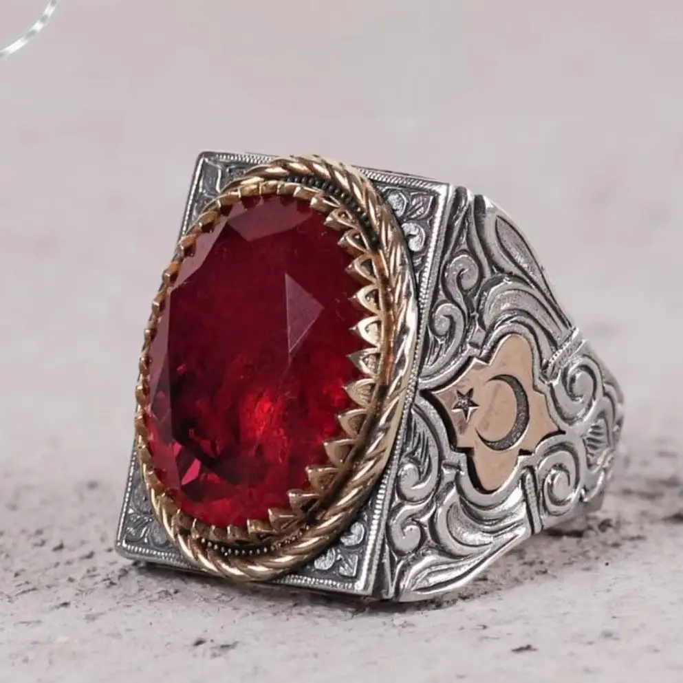 Handcrafted Silver Ring with Red Paraiba Tourmaline Stone, Moon & Star Embroidery - Unique Gift Idea