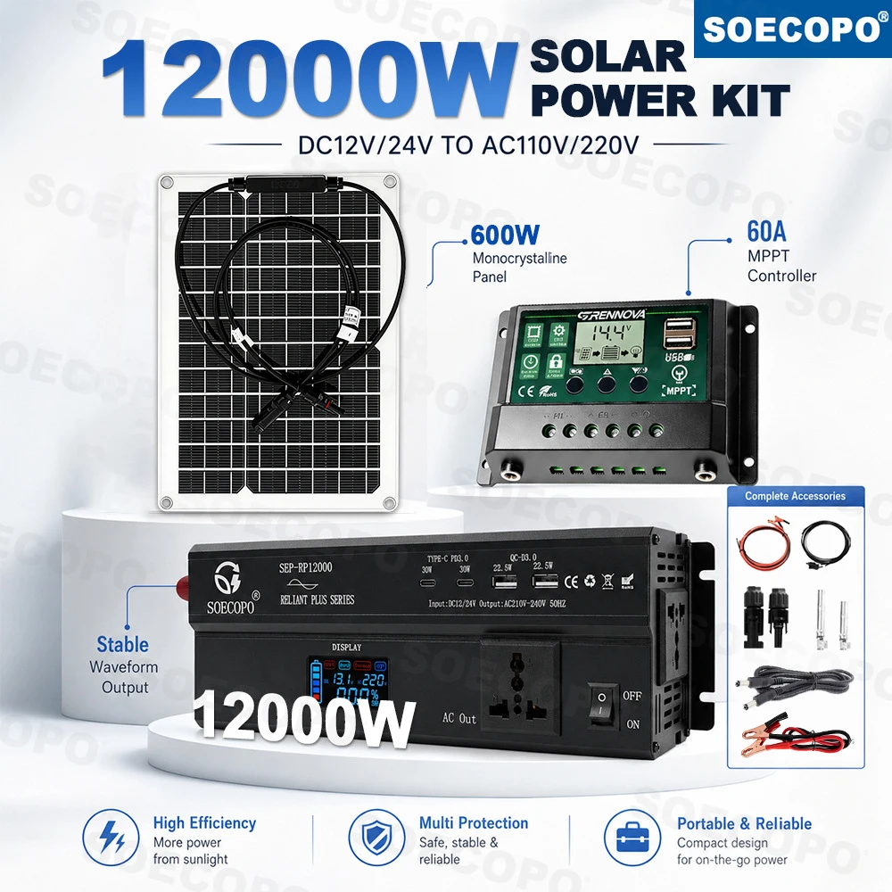 Flexible Solar Kit 1000W Rated 12000W Peak 12V/24V to110V/220V Inverter 60A MPPT Controller 600W Panel with Cable for Home RV TV