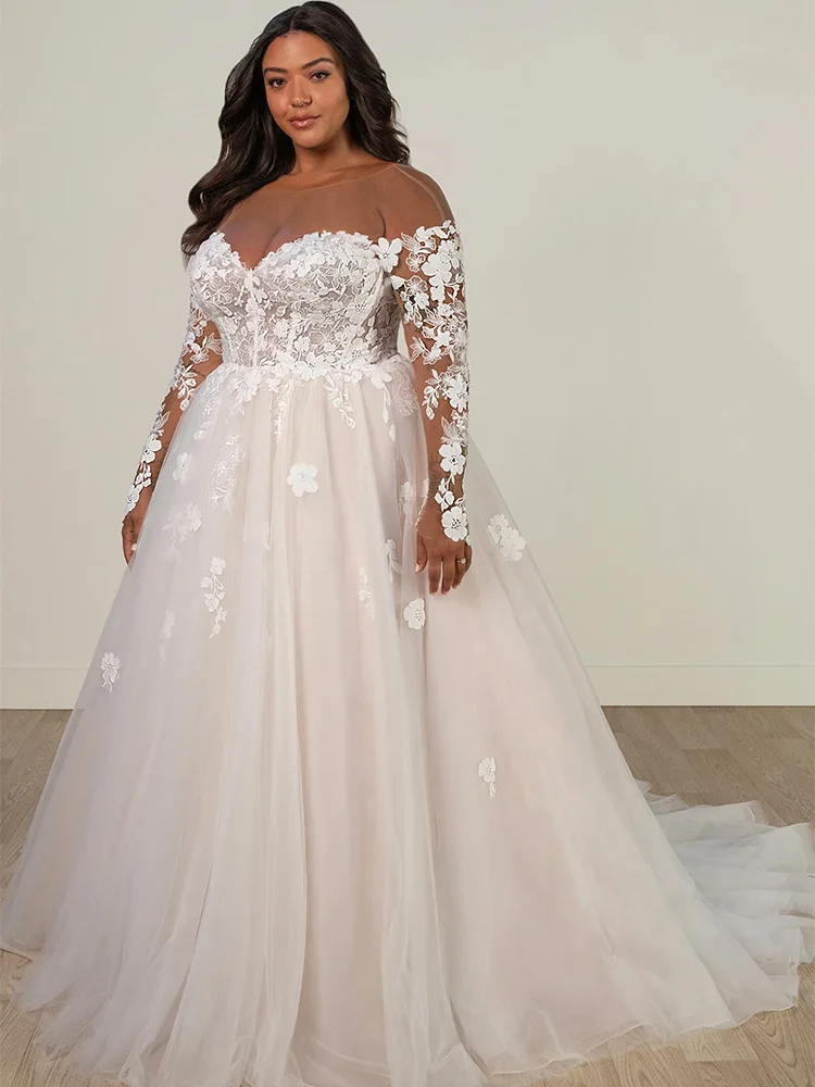 Plus Size O-neck Tulle Wedding Dress Long Sleeves Appliques Backless Floor Length Civil A-line Bridal Gown vestidos de novia