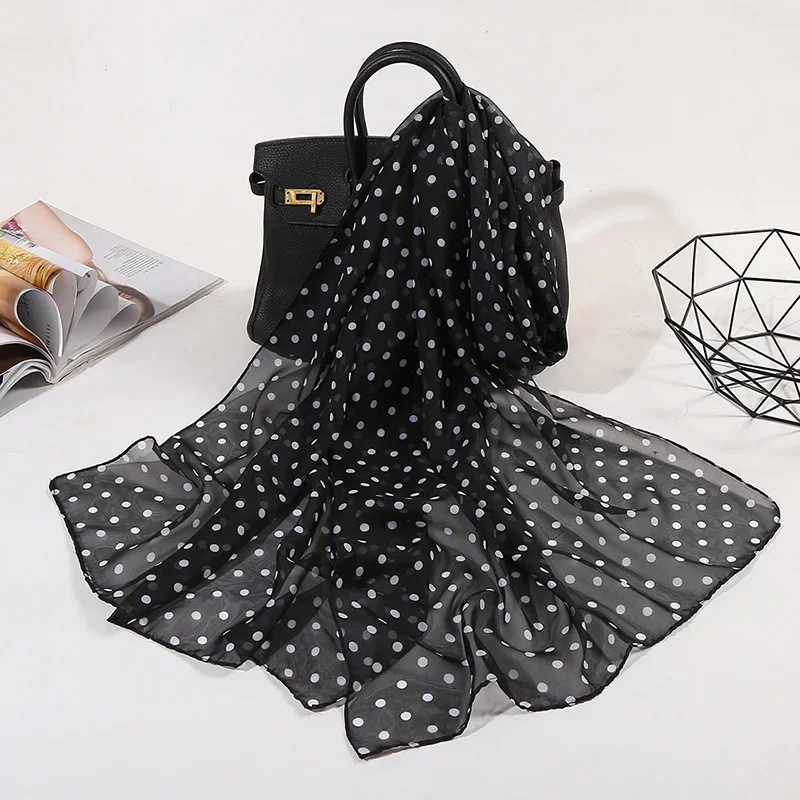 Koreański Polka Dots szyfonowa przezroczysta oddychająca krem przeciwsłoneczny szal 160x50cm kobieta lato cienka, długa plaża ręcznik słońce jedwabny szal R43 — zdjęcie 2