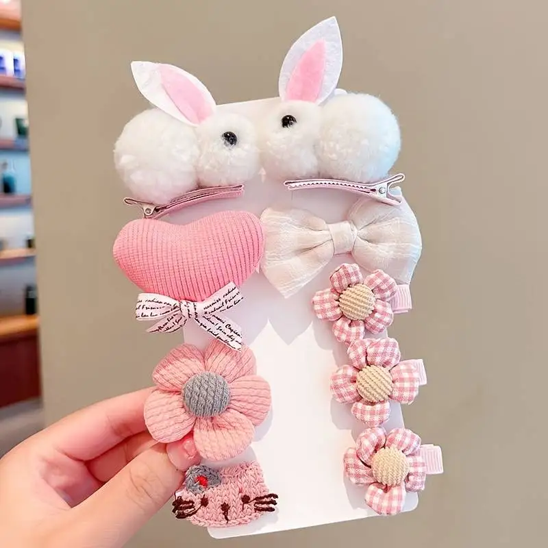 Girls Cute Clips Hair Pins Flower Plush Bunny Cartoon Design Accessories For Children