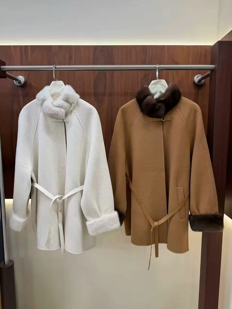 Mink Collar Cashmere Wool Coat with Belt